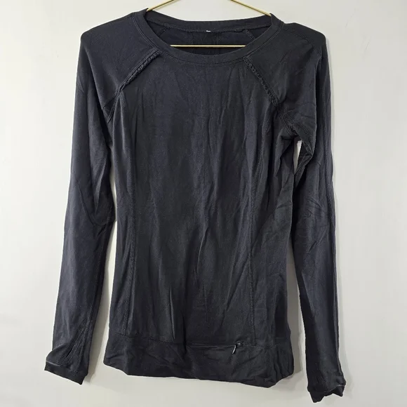 Lululemon Full Tilt Long Sleeve Lace Trim Popover Athletic Top Solid Black Sz 4 - Picture 3 of 13
